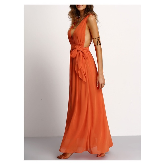 Orange Plunge V Neck Tie Waist Maxi Dress - Picture 4 of 5